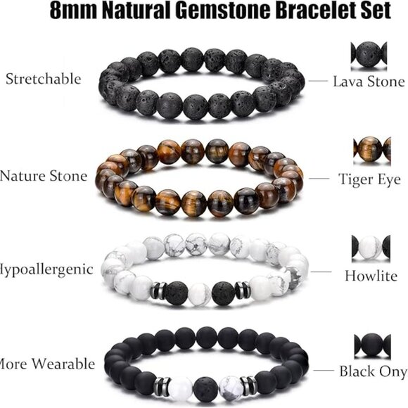 NEW! 4 Piece Tiger Eye Bracelet For Men 8MM Natural Stone Stretch Adjustable - Picture 3 of 5